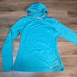 Under Armour Womens Large ColdGear Hoodie Turquoise Blue Splatter Fitted Top